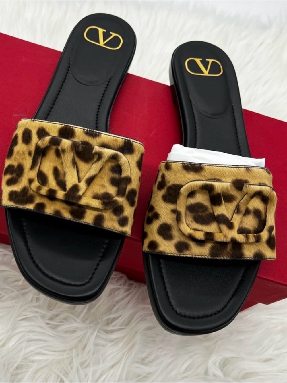 Valentino Leopard Print pony hair Slide Sandals with Logo - 41